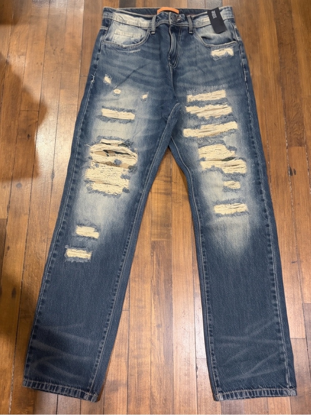 Men's Distressed Blue Jeans - straight Fit premium cotton vintage tears - Picture 5 of 5